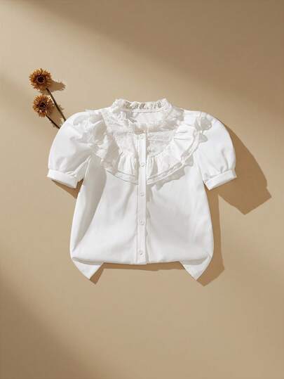 SHEIN Áo sơ mi ngắn tay màu trắng phối ren lưới, bèo nhún, kiểu dáng công chúa cổ điển thanh lịch, thích hợp cho bé gái tuổi teen mùa hè.