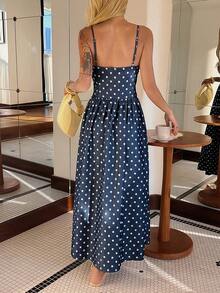 Women's Polka Dot Strap Dress, Elegant Denim Dress For Summer - Dark Wash - View 6