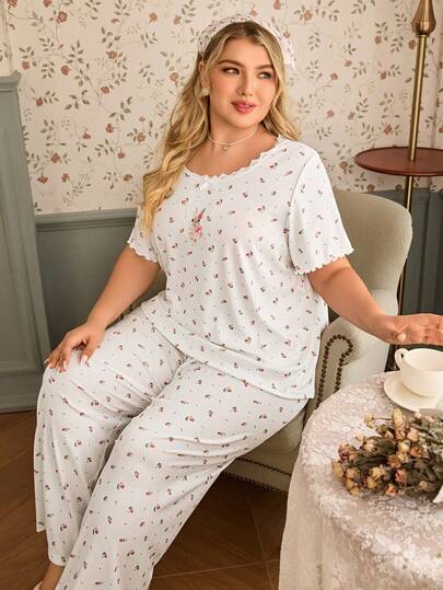 SHEIN Plus Size Women's Pajama Set, Knitted Rib Fabric With Ditsy Floral & Rabbit Print, Lace Trim, Fresh & Romantic Short Sleeve & Long Pants, Suitable For Loungewear