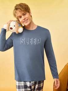 Notgurli Czarny, długi rękaw, męska koszulka nocna z nadrukiem "SLEEP" (miękka i wygodna) - Brudny niebieski - Zobacz 5