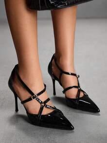 CUCCOO SZL 女士性感交叉绑带细高跟派对鞋，春夏款 - 黑色 - 查看 5