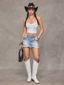 Jeanoix Women's Fashionable Casual Y2K Print Sexy Distressed Denim Mini Skirt - Medium Wash - View 5