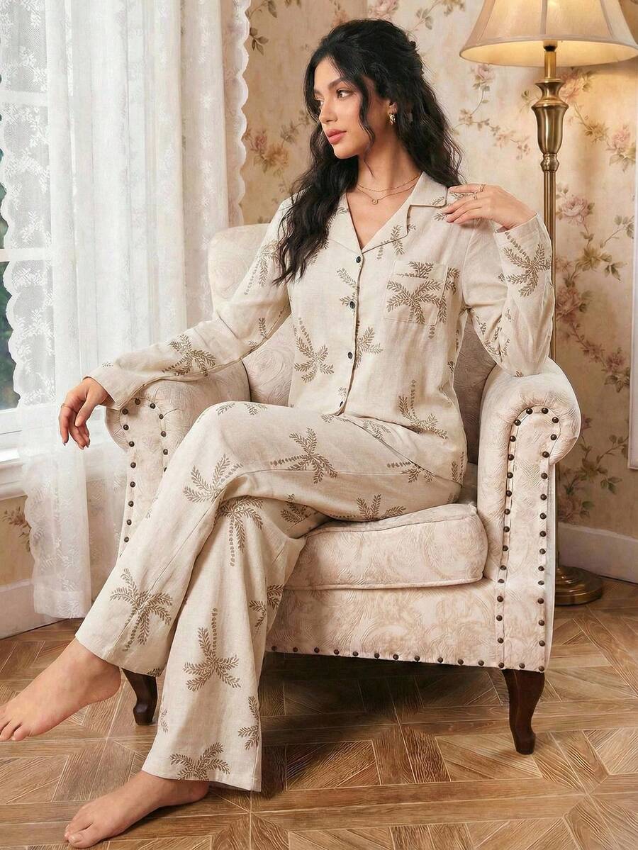 Modelyn 女士翻领度假风热带印花长袖睡衣套装，秋冬舒适优雅细节 - 杏色 - 查看 1