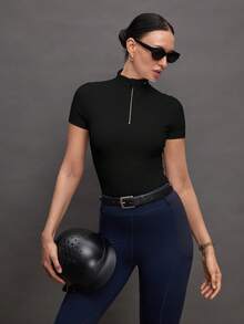 Activina Women's Solid Color Zipper Placket Short Sleeve Equestrian Top Black Mock Neck Top Women Black Short Sleeve Top Black Compression Top Women's Sports Top Women's Equestrian Top  Y3k  Seksi Chic  For Daily Wear Yoga Yoga Studio Tennis  Gym Indoor Outdoor Active - Black - View 2