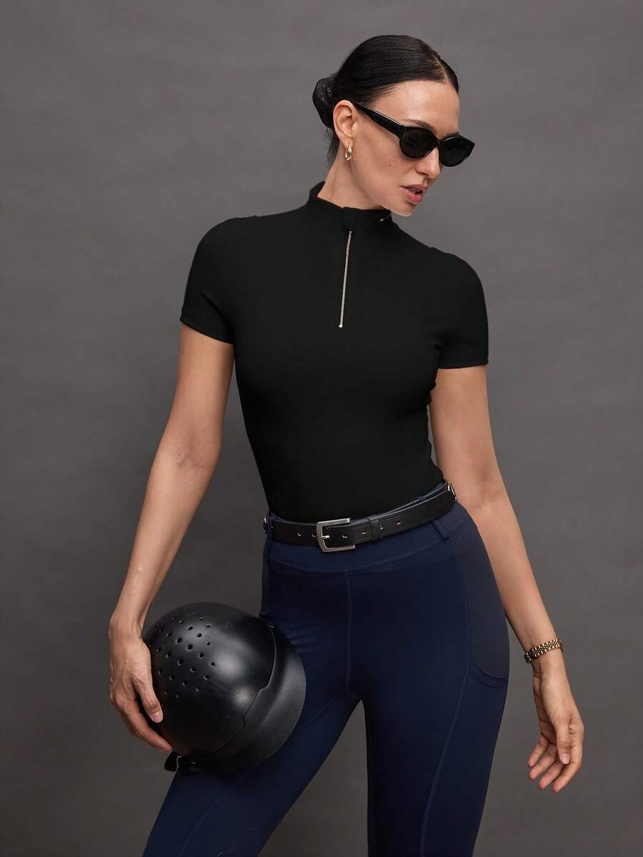 Activina Women's Solid Color Zipper Placket Short Sleeve Equestrian Top Black Mock Neck Top Women Black Short Sleeve Top Black Compression Top Women's Sports Top Women's Equestrian Top  Y3k  Seksi Chic  For Daily Wear Yoga Yoga Studio Tennis  Gym Indoor Outdoor Active