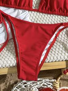 Bonvoyette 女士三件套泳装：樱桃印花挂脖比基尼上衣、网纱罩衫，性感时尚休闲沙滩度假装 - 紅白色 - 查看 5