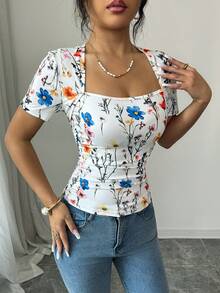 Elenzga 女士印花天鹅领短袖修身时尚T恤 - 彩色 - 查看 5