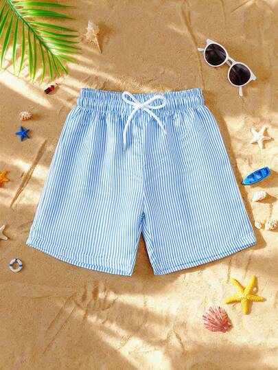 Pantalones cortos de playa con cordón a rayas azules para niños pequeños, vacaciones