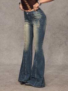 Jeanoix Quần jeans ống loe bạc màu kiểu Y2K dành cho nữ - Rửa tối - Xem 3