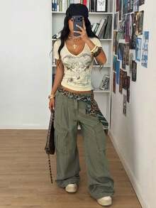 StreetHx Áo thun nữ kiểu dáng Gothic in hoa đính đá, cổ chữ V, tay ngắn, ôm sát cơ thể, phong cách đường phố, punk, vintage. - Màu be - Xem 6