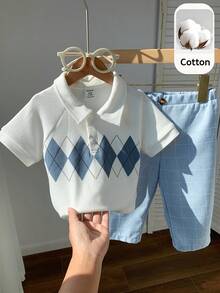 SHEIN 两件套男宝宝春夏学院风菱格纹短袖Polo衫及蓝色格子裤绅士套装，适合生日派对、锐舞派对、晚宴、演出、婚礼、迎婴派对、一周岁生日庆祝等场合。 - 彩色 - 查看 6