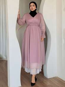 Dazy Plus Valentine Plus Size Women Solid Color Chiffon V-Neck Ruffle Trim Flare Sleeve Long Dress, Pink, Spring/Summer Maxi Dress Sundress - Pink - View 3