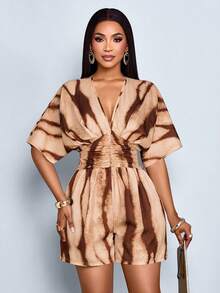 SOLERSUN Women's Floral Print Deep V-Neck Batwing Sleeve Ruched Waist Pleated Jumpsuit - Coffee Brown - View 5