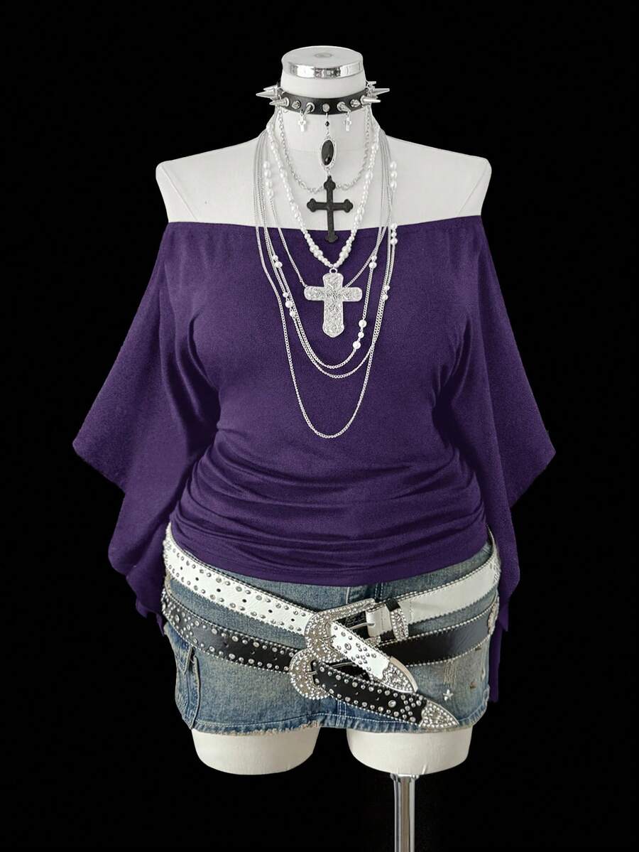 Sunspun Plus Size Women Retro Punk Style Off-Shoulder Ruched Waist Long Sleeve T-Shirt, Suitable For Daily Wear And Office Commute - Purple - View 1