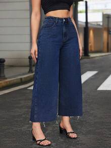 SHEIN ICON Quần jean ống rộng cạp cao thời trang cá nhân hóa mùa đông cỡ lớn cho nữ - Rửa tối - Xem 6