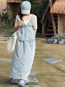 Dazy Kids Tween Girls Denim Cami Top & Skirt Snug Fit Long Dress Denim Set - Light Wash - View 7