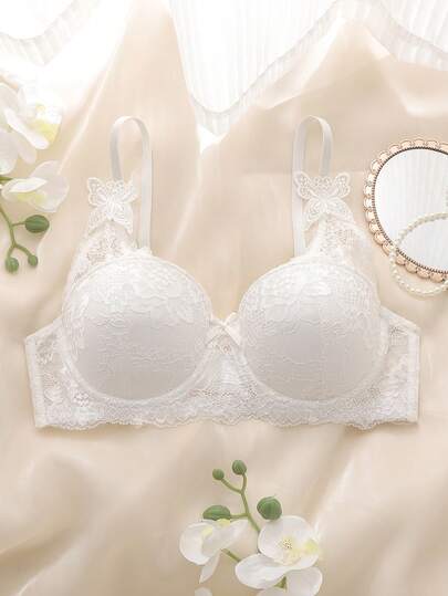 1 pieza Sujetador con aros para mujer de color blanco con decoración de encaje con mariposa