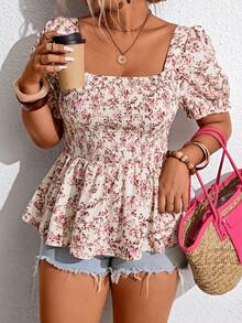 Breezaya Plus Size Women Hibiscus Print Ruffle Trim Casual Blouse - Multicolor - View 3