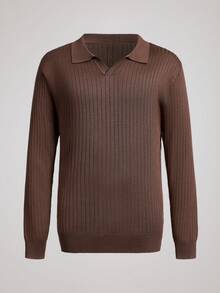 Officeau Men's Solid Color Ribbed Vertical Ribbed Knit Sweater, Simple And Versatile Long Sleeve Top - Brown - View 1