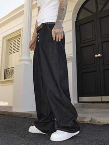 Manfinity Roghcode Men's Dark Wash Blue 5-Button Loose Wide Leg Jeans Men Wide Leg Pants - Dark Wash - View 5