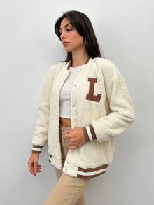 RueChic Teen Girls' Plush Baseball Jacket With Letter Pattern - Apricot - View 1