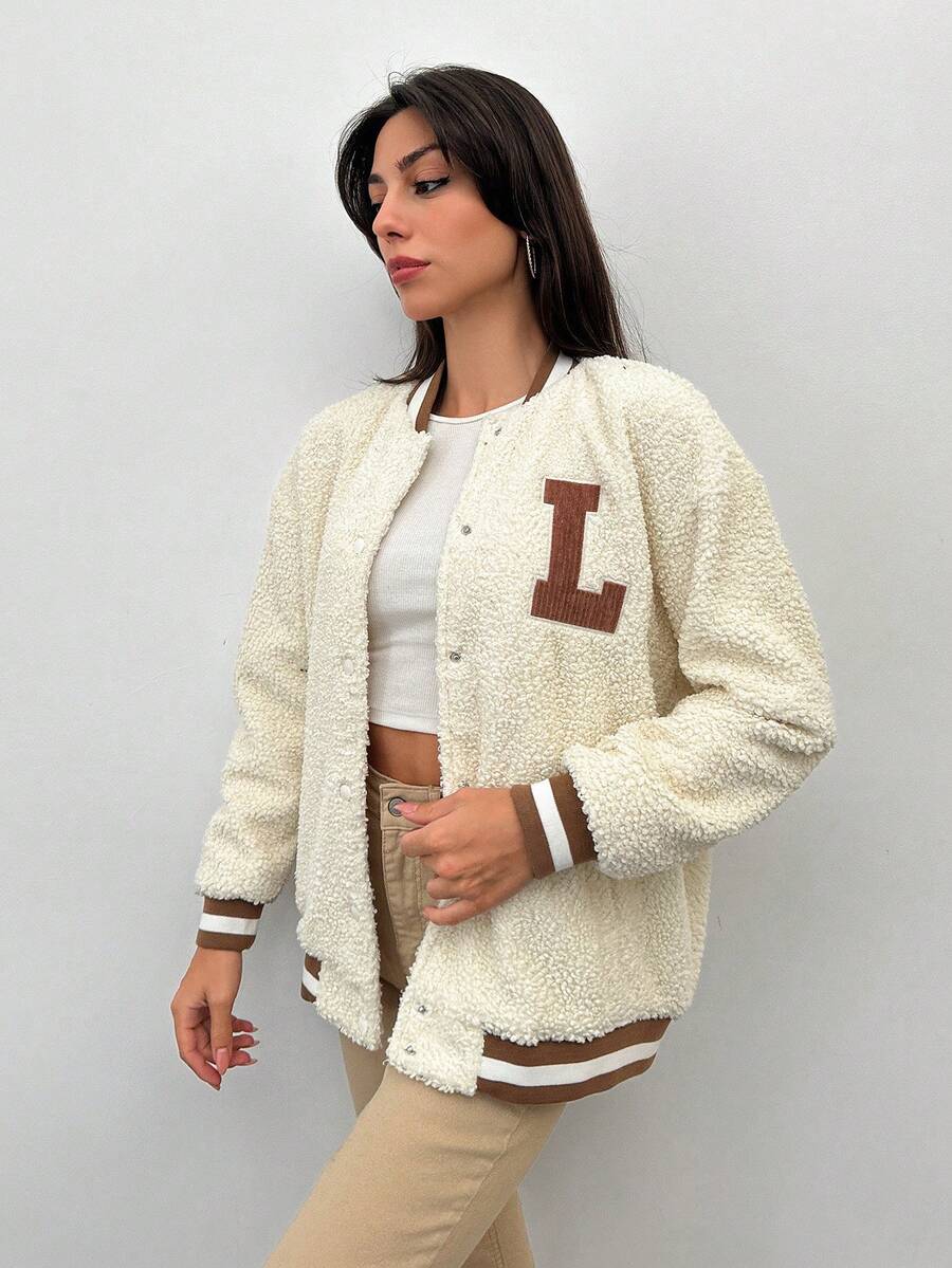 RueChic Teen Girls' Plush Baseball Jacket With Letter Pattern - Apricot - View 1