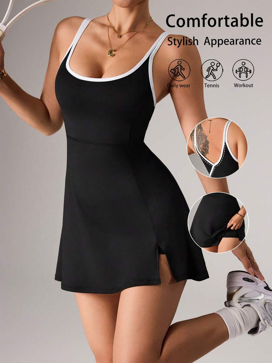 Dewbera 女士无袖撞色滚边运动连衣裙 - 黑與白 - 查看 1