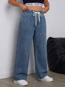 SHEIN ICON Quần jeans nữ cỡ lớn, cạp chun, túi, ống rộng, dáng suông, thoải mái. - Màu xanh bụi bặm - Xem 4