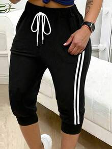 EMERY ROSE 女士运动短裤慢跑裤跑步裤七分裤，抽绳瑜伽运动裤，女士七分运动裤，带抽绳口袋，速干面料，凉爽舒适，适合休闲运动、跑步、瑜伽和健身，黑白条纹设计，休闲运动两相宜，适合海滩度假和日常休闲穿着，女士运动短裤及膝裤，女士慢跑裤，七分裤，女士两件套休闲七分裤 - 黑色 - 查看 3