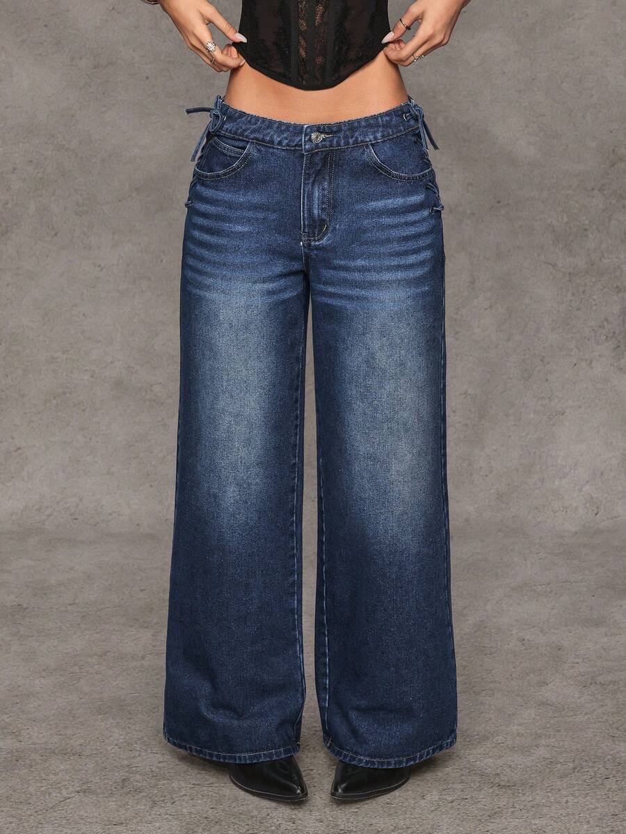 Jeanoix Y2K Women's Straight Leg Wide Leg Tie-Up Jeans - Medium Wash - View 1