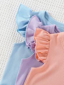 SHEIN 6pcs/Set Baju Bayi Perempuan Atasan Kerah Berkerut Aneka Warna, Lengan Berkerut & Celana Pendek Pinggang Elastis, Pakaian Kasual Musim Panas/Kerja/Musim Semi/Musim Gugur yang Lucu Warna Biru - MultiWarna - View 3