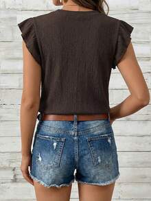 EMERY ROSE 咖啡色纹理竖条纹荷叶边前扣女式T恤 - 咖啡棕 - 查看 3