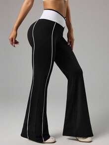 Dewbera Pantalones deportivos casuales diarios de mujer con cintura de contraste - Blanco y Negro - Ver 5