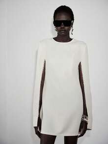 Lumivelle Women's Elegant Round Neck Loose Beaded Decor Mini Dress, Summer - White - View 1
