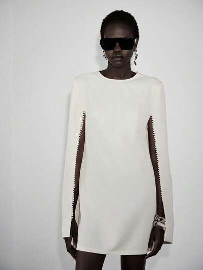 Lumivelle 女士优雅圆领宽松串珠装饰迷你连衣裙，夏季