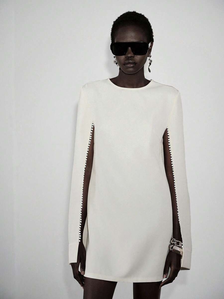 Lumivelle Women's Elegant Round Neck Loose Beaded Decor Mini Dress, Summer - White - View 1