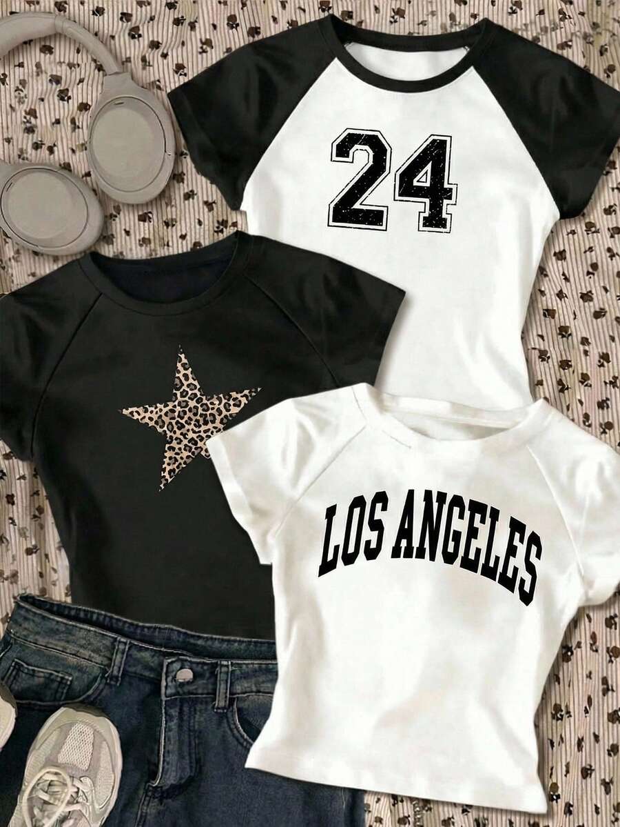 Girls' All-Match Tee, Fresh Style, Relaxed Fit, Versatile Design, Suitable For School, Outings And Daily Wear, Spring - Multicolor - View 1