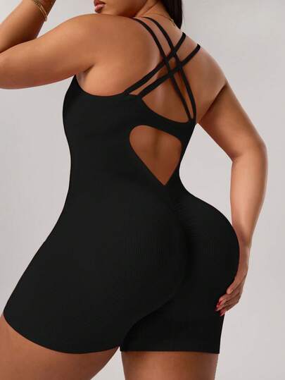 Rhythm Era 1pc Plus Size Seamless Backless Criss-Cross Hollow Design Women Sports Jumpsuit For Running, Fitness, Workout