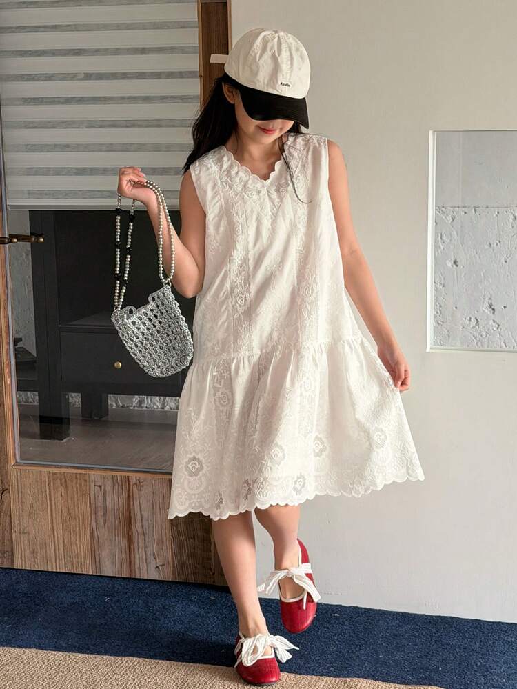 Tween Girls' Summer Vacation Solid Color Lace Ruffle Hem Sleeveless Dress