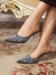 CUCCOO TILAWA Zapatos de tacón alto decorativos para mujer con cristales y rhinestones de vidrio, adecuados para salir, banquetes, fiestas y otras actividades - Negro grafito - Ver 5