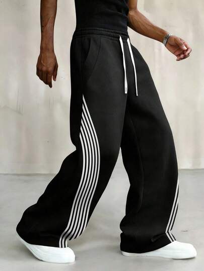 Aesthetic Post Pantalon de survêtement ample à jambes larges, style américain de la rue, streetwear, décontracté, hip hop, skateboard, pantalon de loisirs pour hommes avec imprimé à rayures contrastées