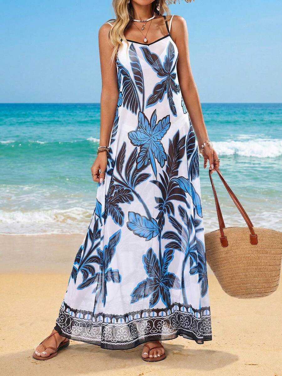 Swim Lushoire 女士夏季沙滩椰树印花V领半透明罩衫连衣裙 - 藍色 - 查看 1