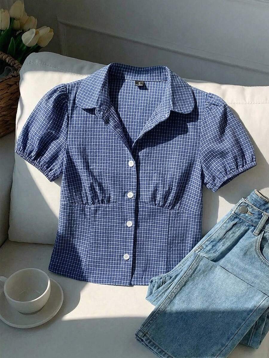 Teen Girl Plaid Puff Sleeve Front Button Casual Shirt, Summer - Blue - View 1