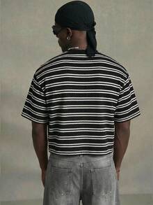 PAVTROS 男士条纹印花圆领短袖休闲宽松T恤，夏季 - 黑與白 - 查看 3