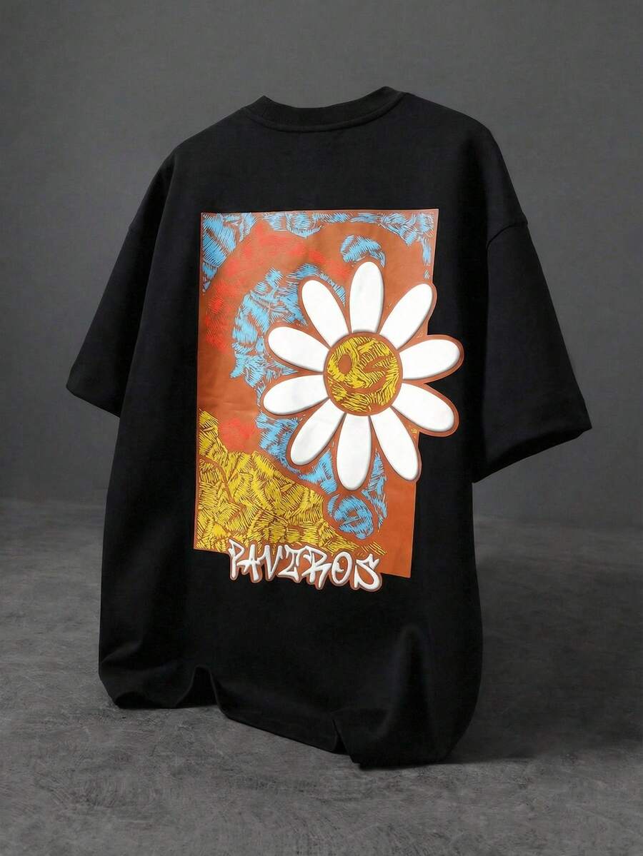 PAVTROS Men's Street-Style Popular INS Floral Graphic Oversized Oil Painting Graphic T-Shirt, Suitable For Outdoor Music Festivals, Nightclubs, Bars, Boyfriend/Husband Gift, Anniversary Gift, Black Oversized T Shirt Men Flower Graphic Tee Oversize T Shirt Flower Tshirt Men Men's Oversized Graphic Tee - Black - View 1