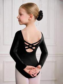Conjunto de 2 piezas de vestido de ballet transparente con manga larga y dobladillo con lentejuelas para niña joven - Negro - Ver 7