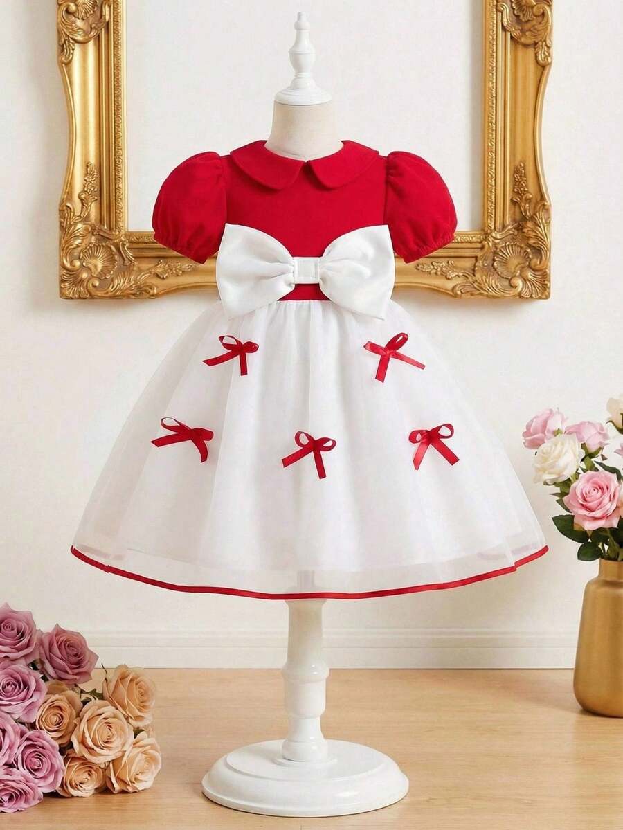Glamorique Kids 女童针织柔软撞色网纱优雅蓬蓬裙,适合日常穿着 - 紅色 - 查看 1