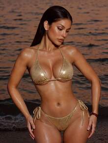 Slaydiva Women's Summer Beach Metal Texture Halter Tie Sexy Bikini Swimsuit Set - Multicolor - View 4