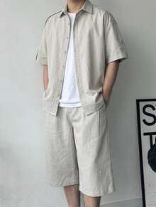 DAZY Herren Grau Kurzarm Hemd und Shorts Set, Sommer - Grau - Übersicht 6