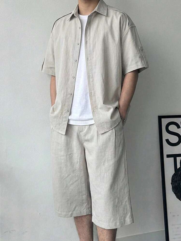 Men's Grey Short Sleeve Shirt And Shorts Set, Summer